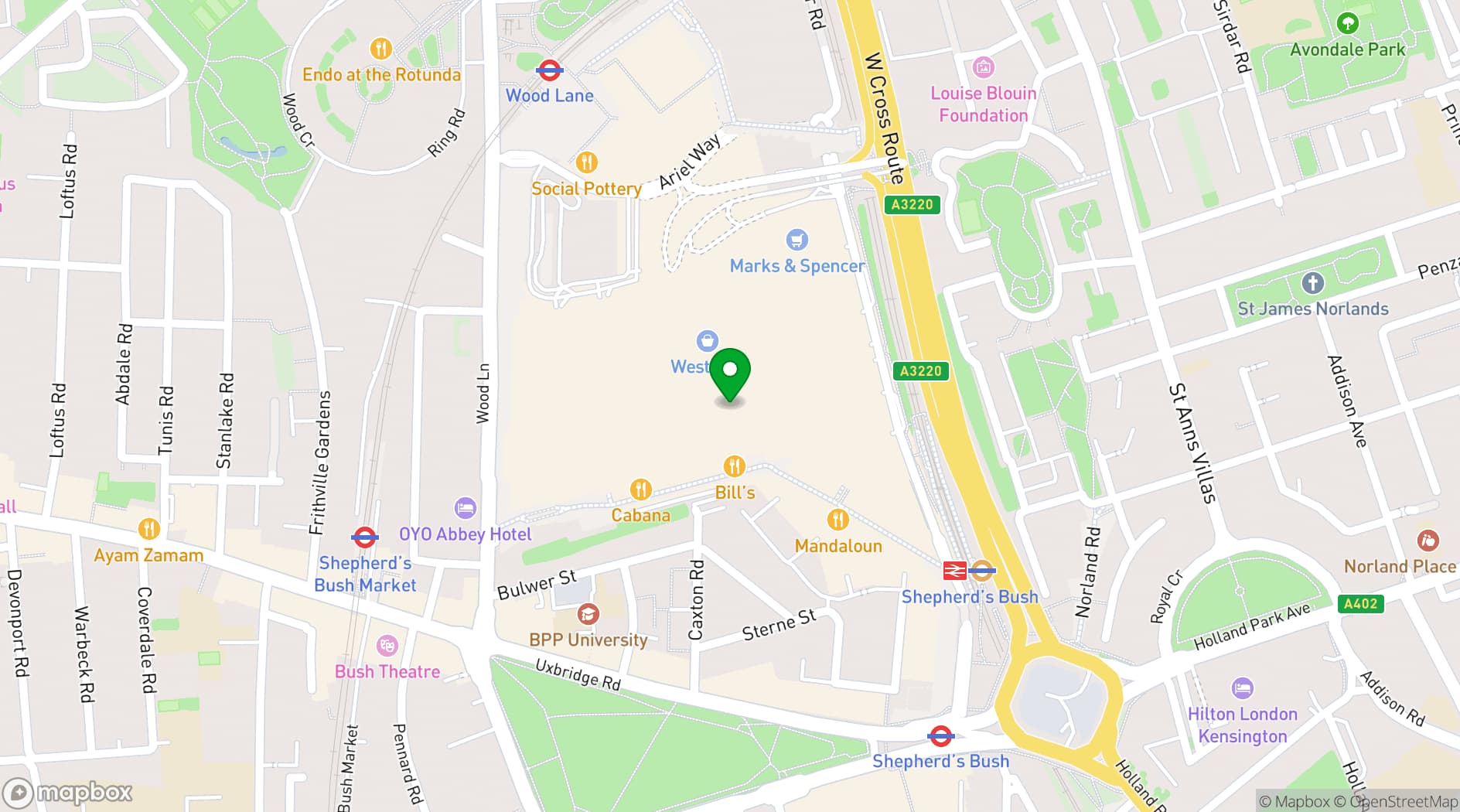 Map showing Java Whiskers Cat Café White City