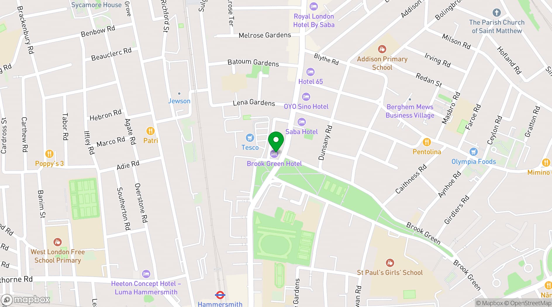 Map showing Brook Green Hotel