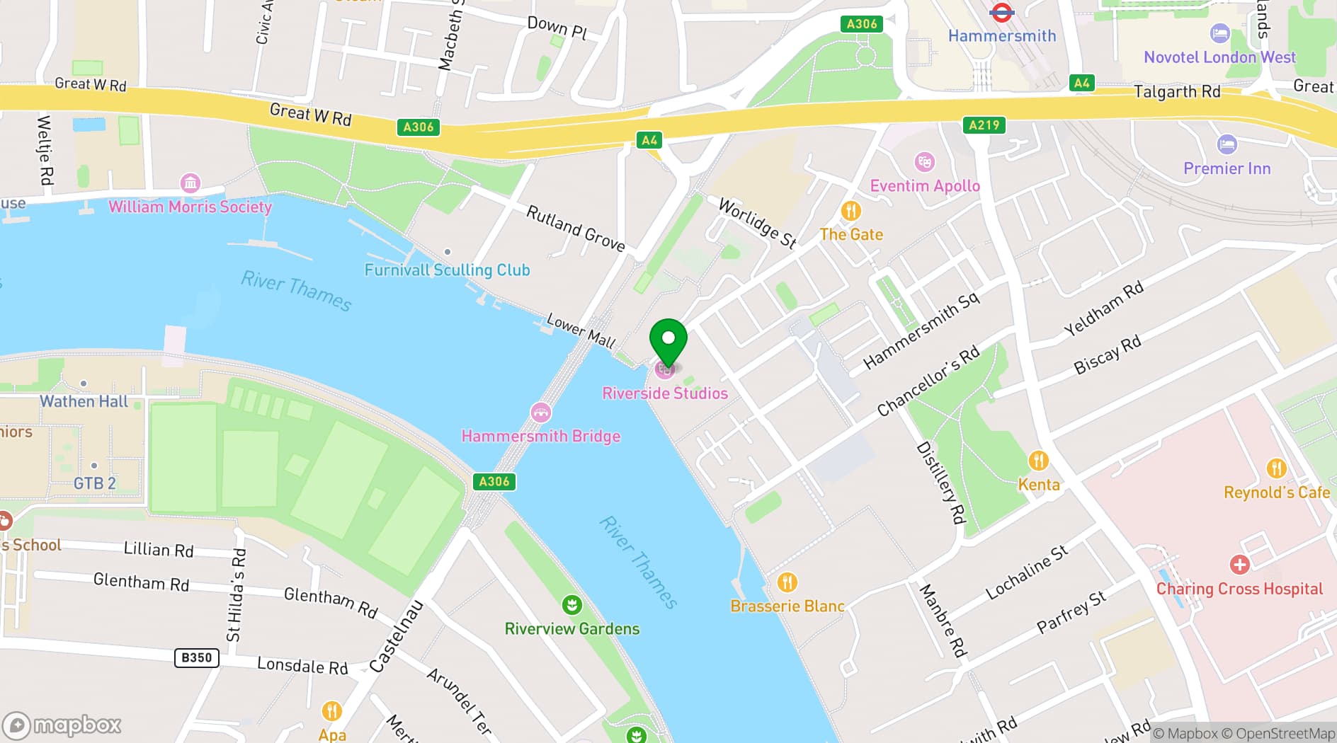Map showing Riverside Studios
