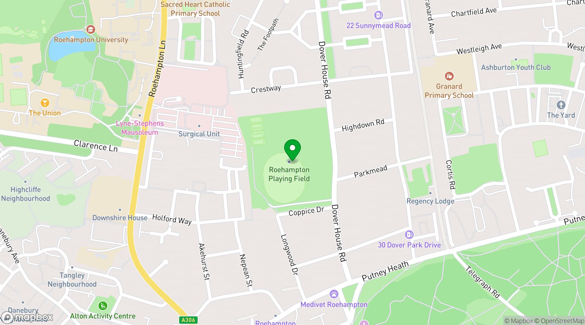 Map showing Roehampton Playing Fields