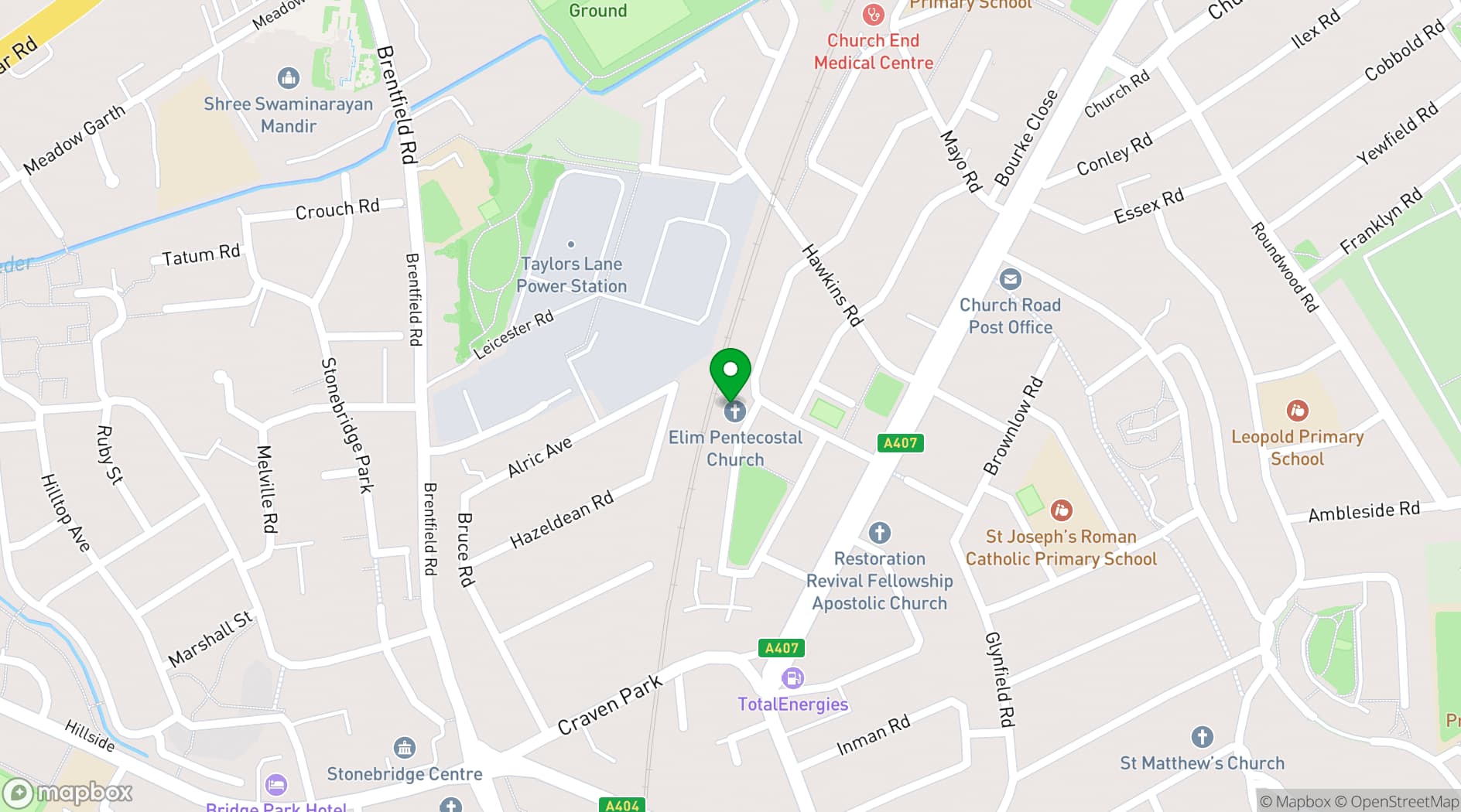 Map showing Elim Pentecostal Church, Harlesden