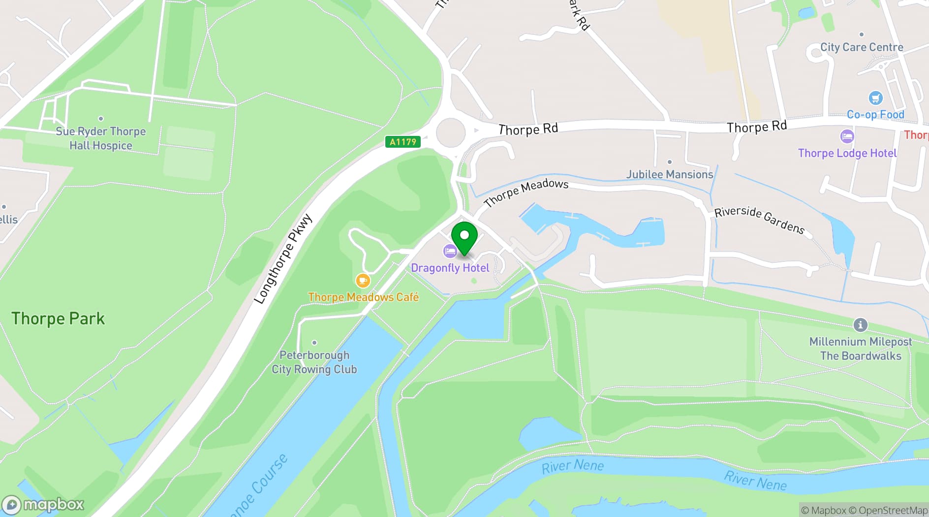 Map showing Dragonfly Hotel Peterborough
