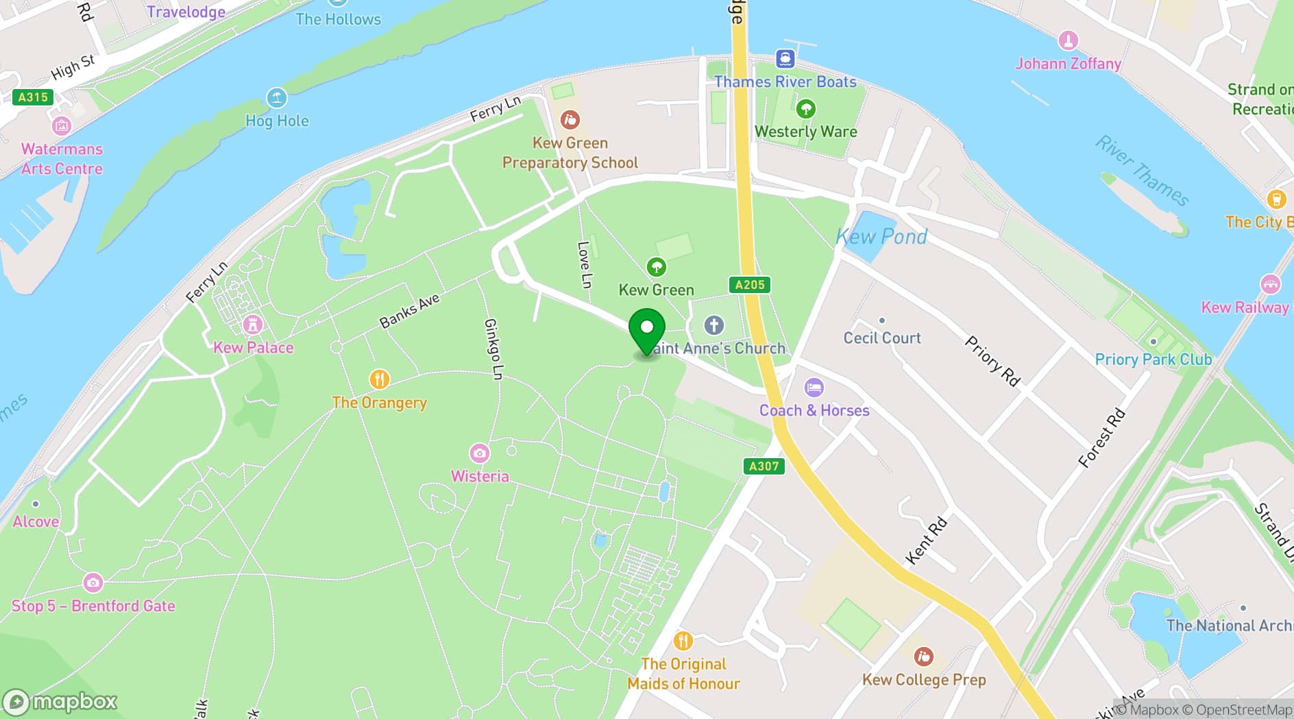 Map showing Kew Gardens - Cambridge Cottage