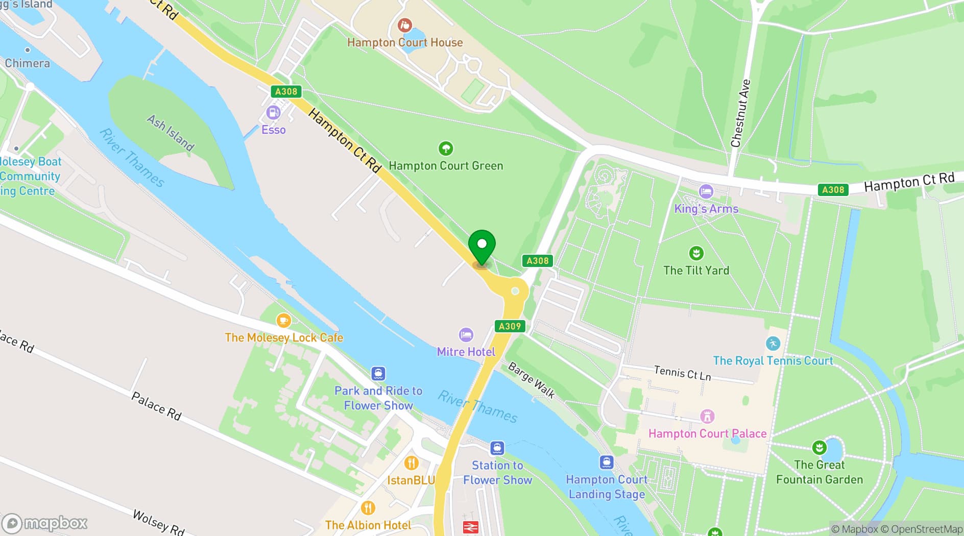 Map showing The Mitre Hotel, Hampton Court