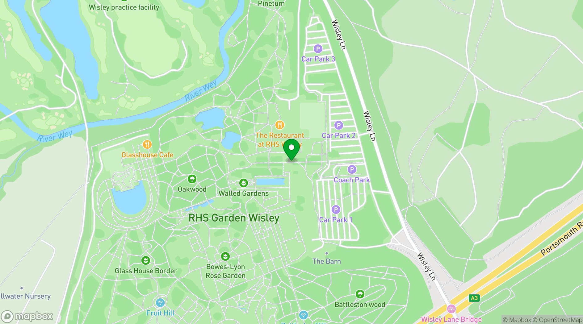 Map showing RHS Garden Wisley