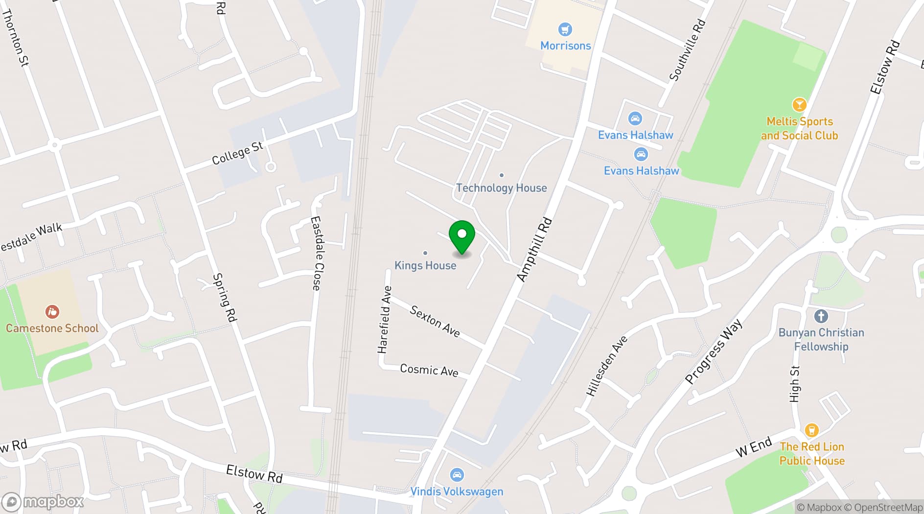 Map showing King's House Bedford