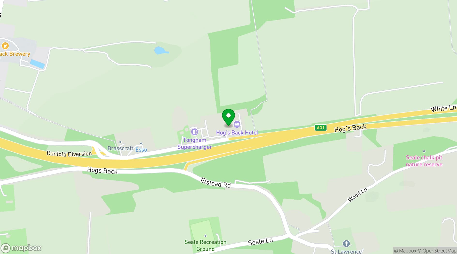 Map showing The Hogs Back Hotel and Spa