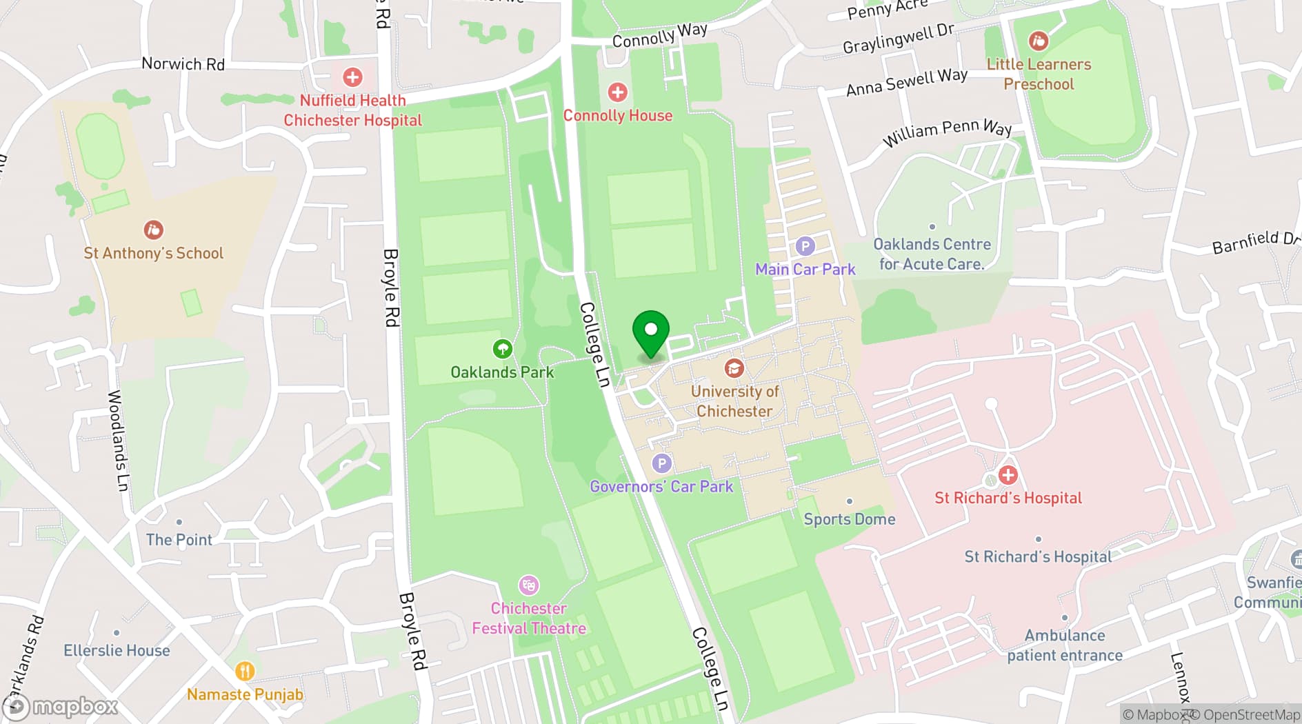 Map showing University of Chichester