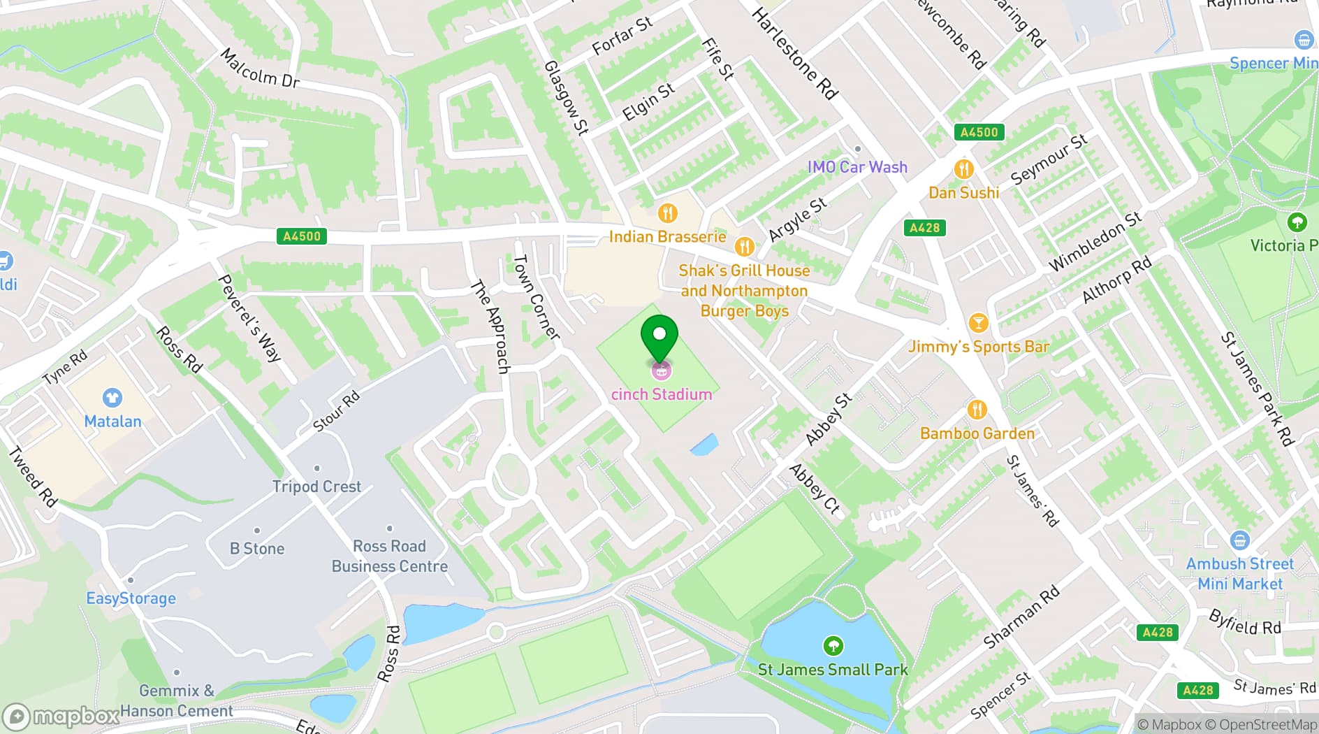 Map showing cinch Stadium at Franklin's Gardens