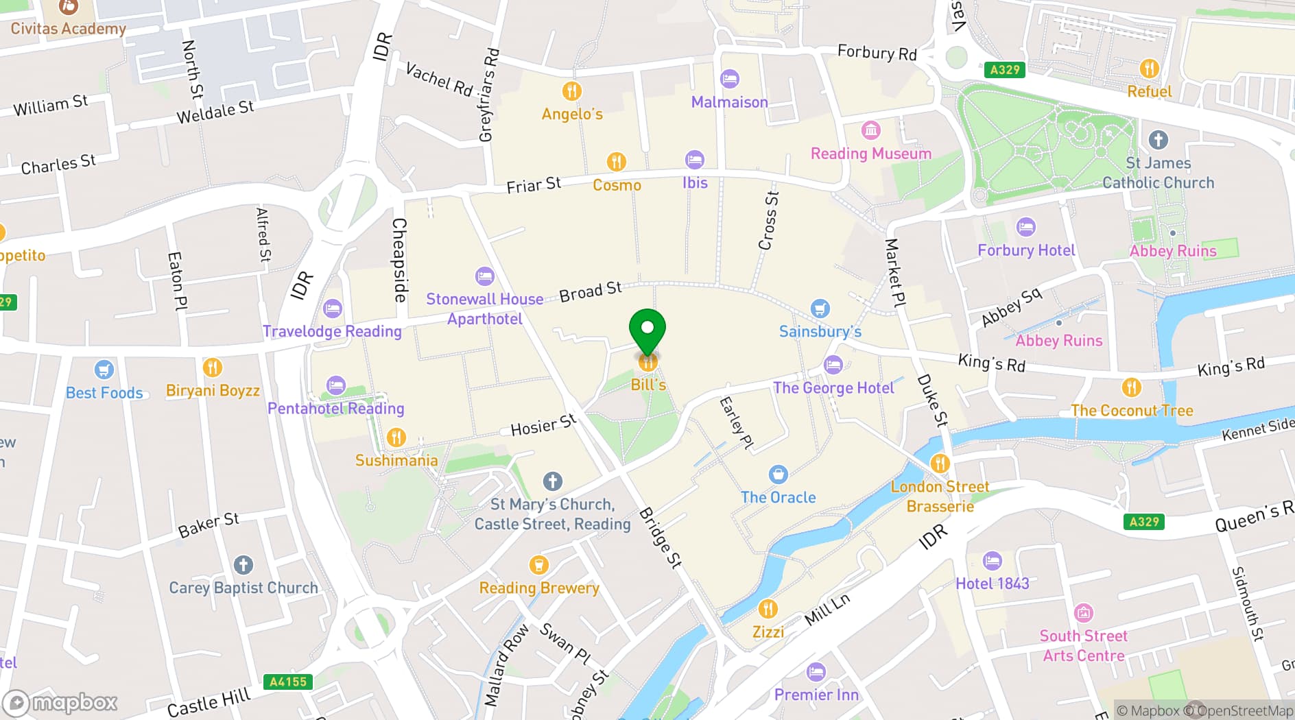 Map showing Bill's Reading Restaurant