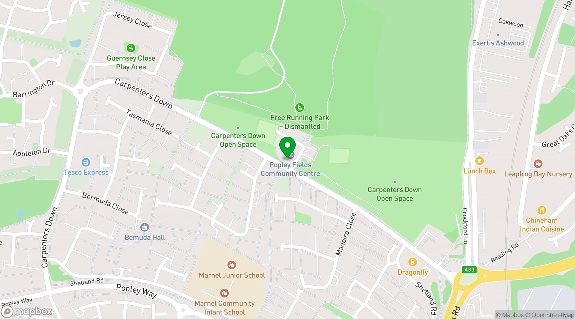 Map showing Popley Fields Community Centre
