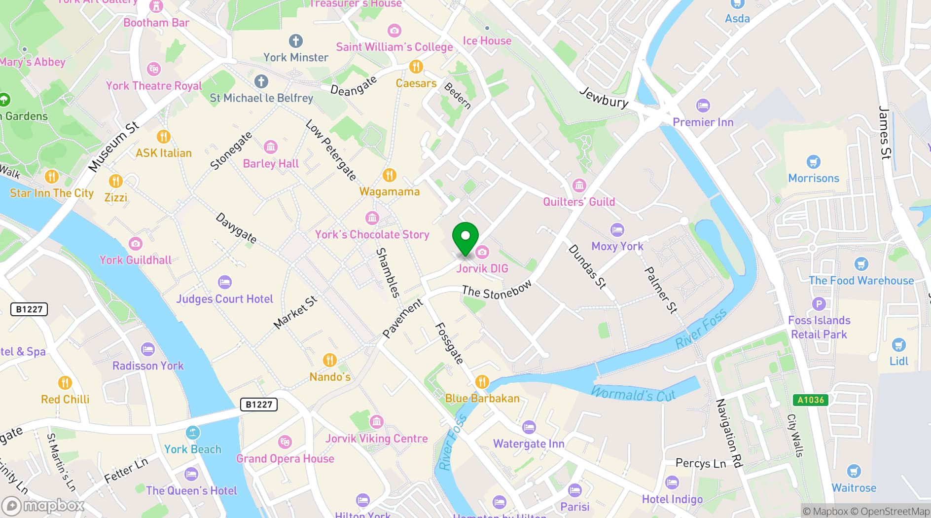 Map showing Roxy Ball Room, The Stonebow York