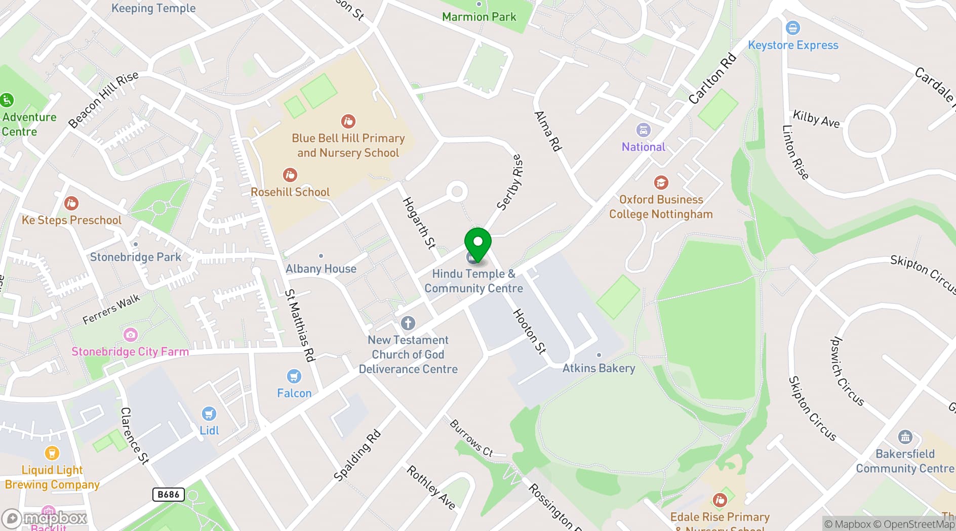 Map showing Hindu Temple Nottingham