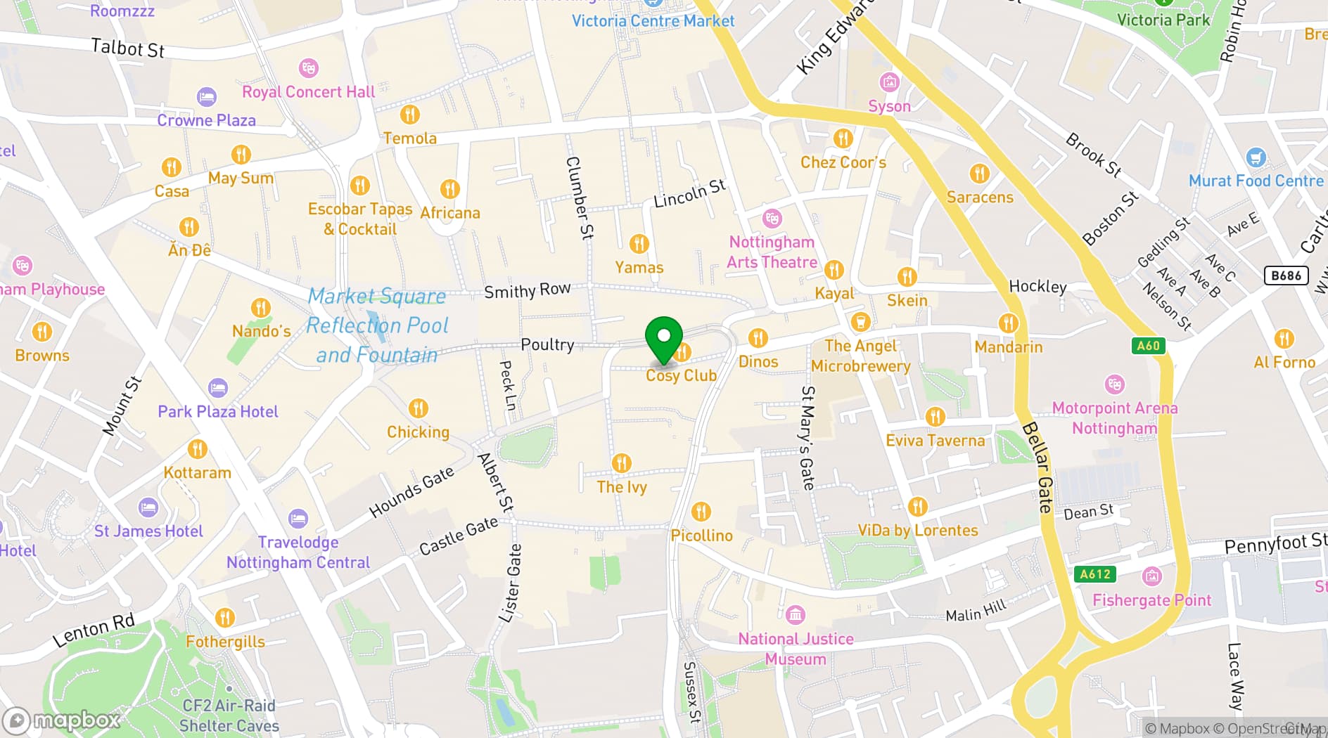 Map showing Roxy Lanes, Bottle Lane Nottingham