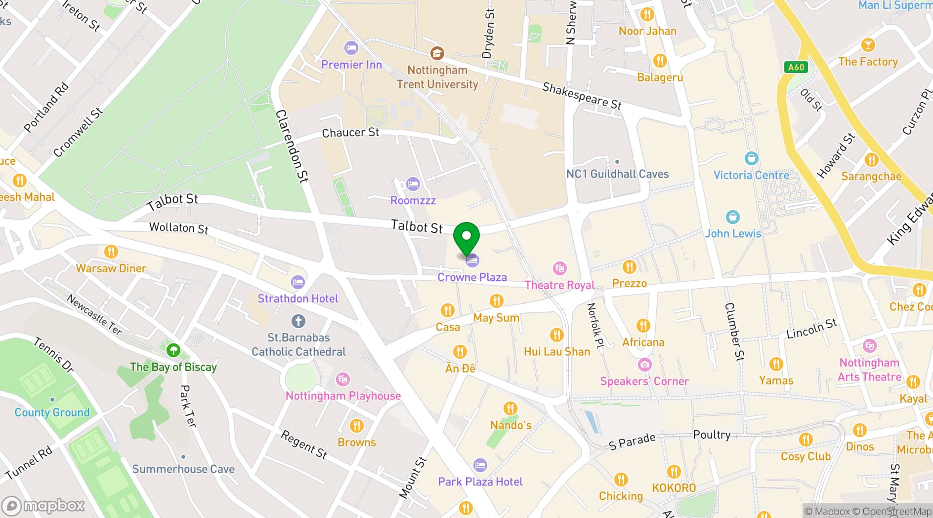 Map showing Crowne Plaza Nottingham