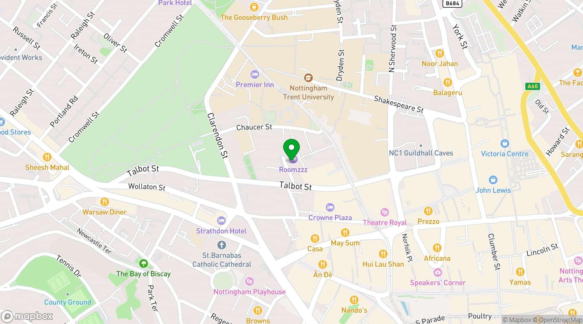 Map showing Roomzzz Aparthotel Nottingham City