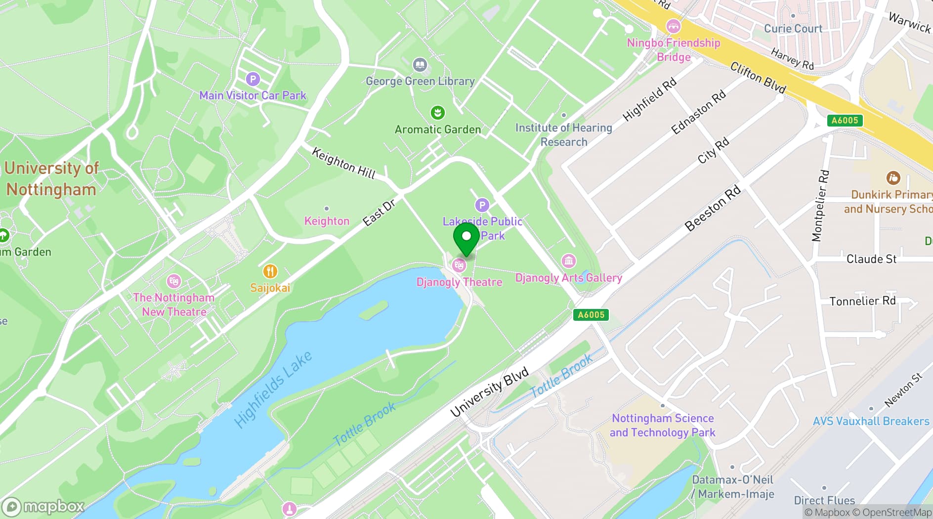 Map showing Lakeside Arts Nottingham University