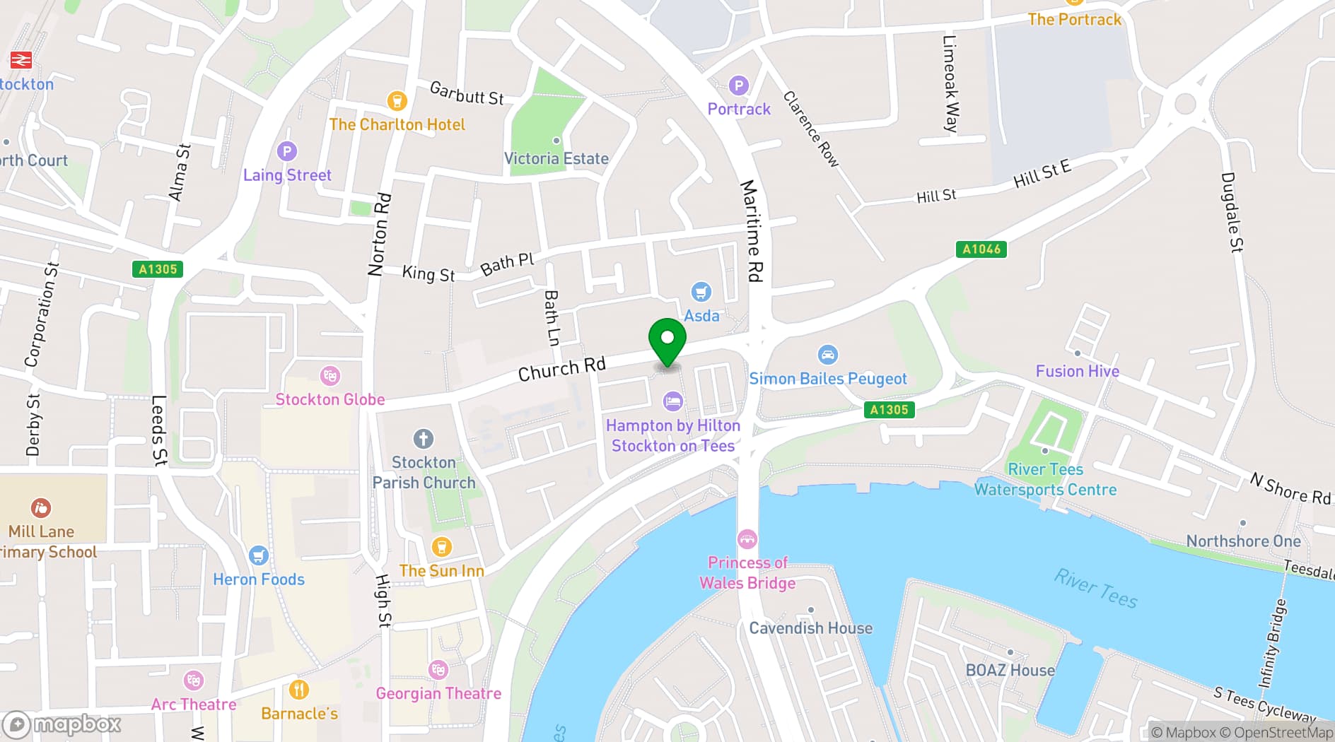 Map showing Hampton by Hilton Stockton on Tees