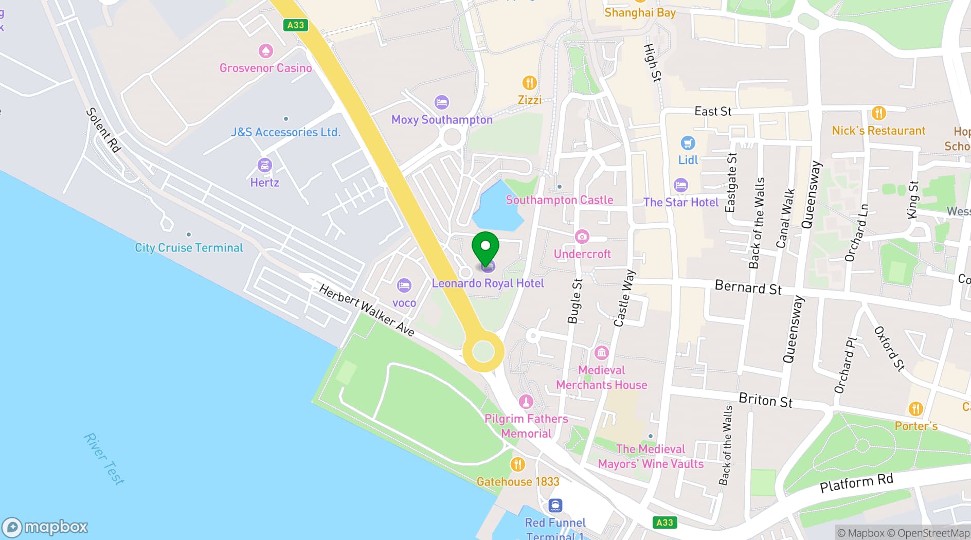 Map showing Leonardo Royal Hotel Southampton Grand Harbour
