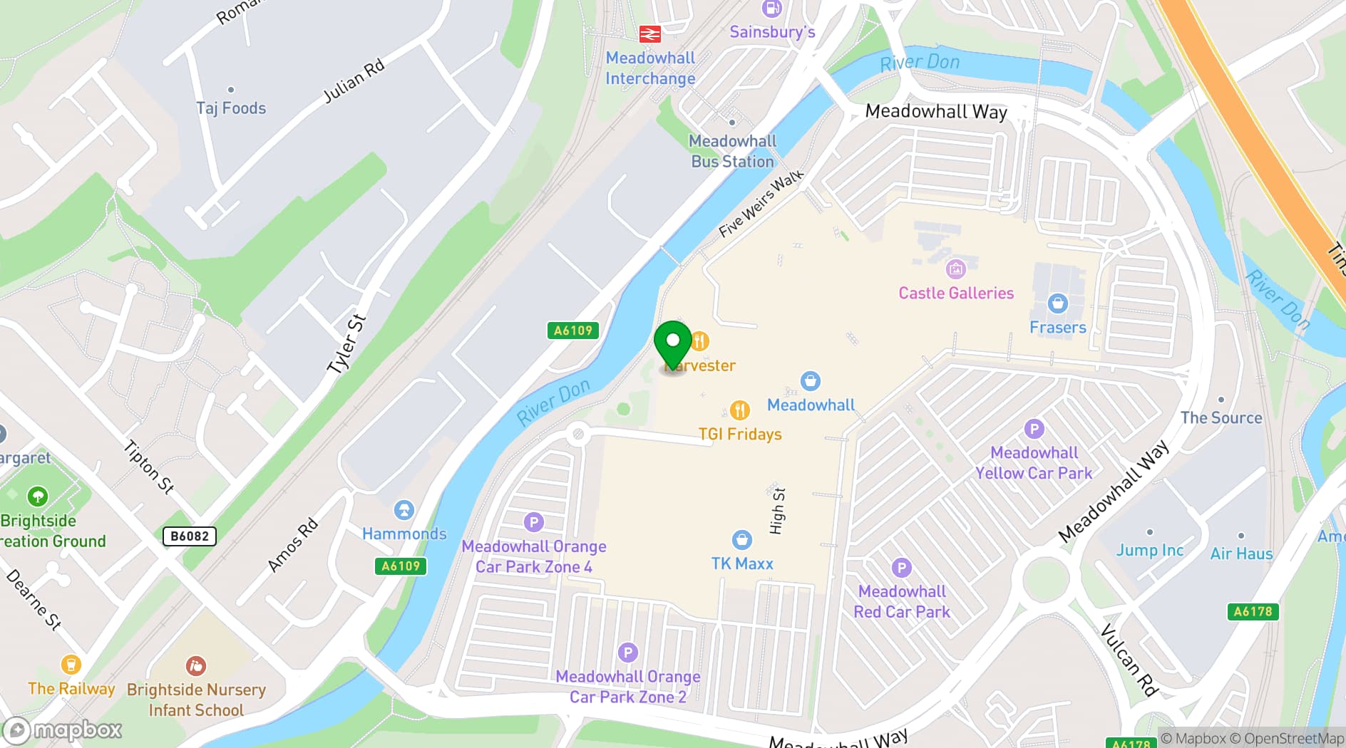 Map showing Las Iguanas Sheffield- Meadowhall