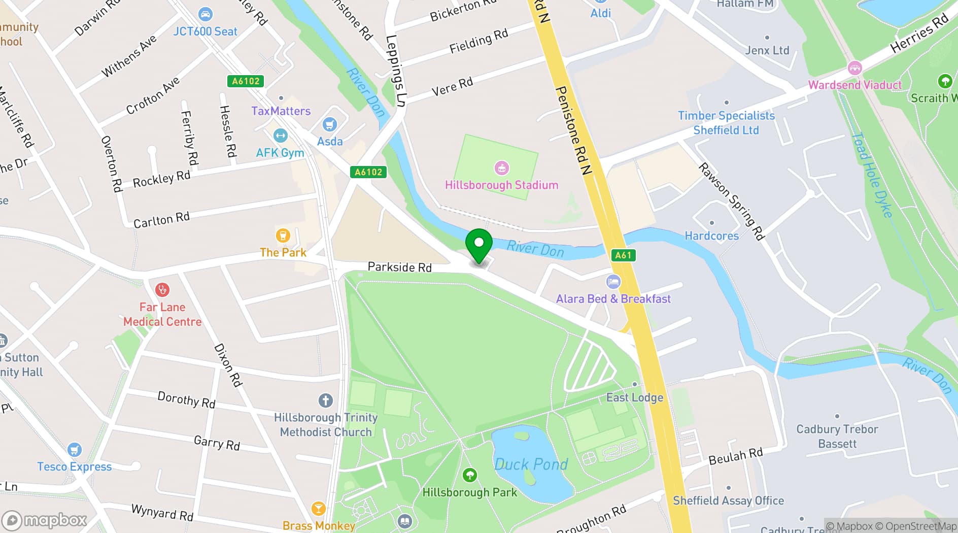 Map showing Sheffield Wednesday Football Club, Hillsborough Stadium