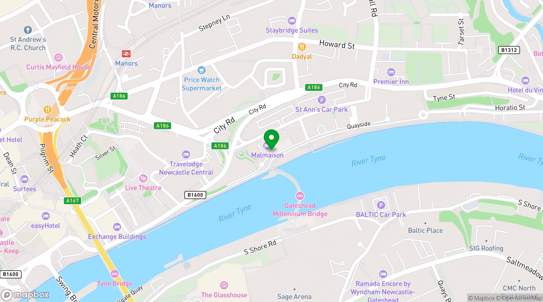 Map showing Malmaison Newcastle