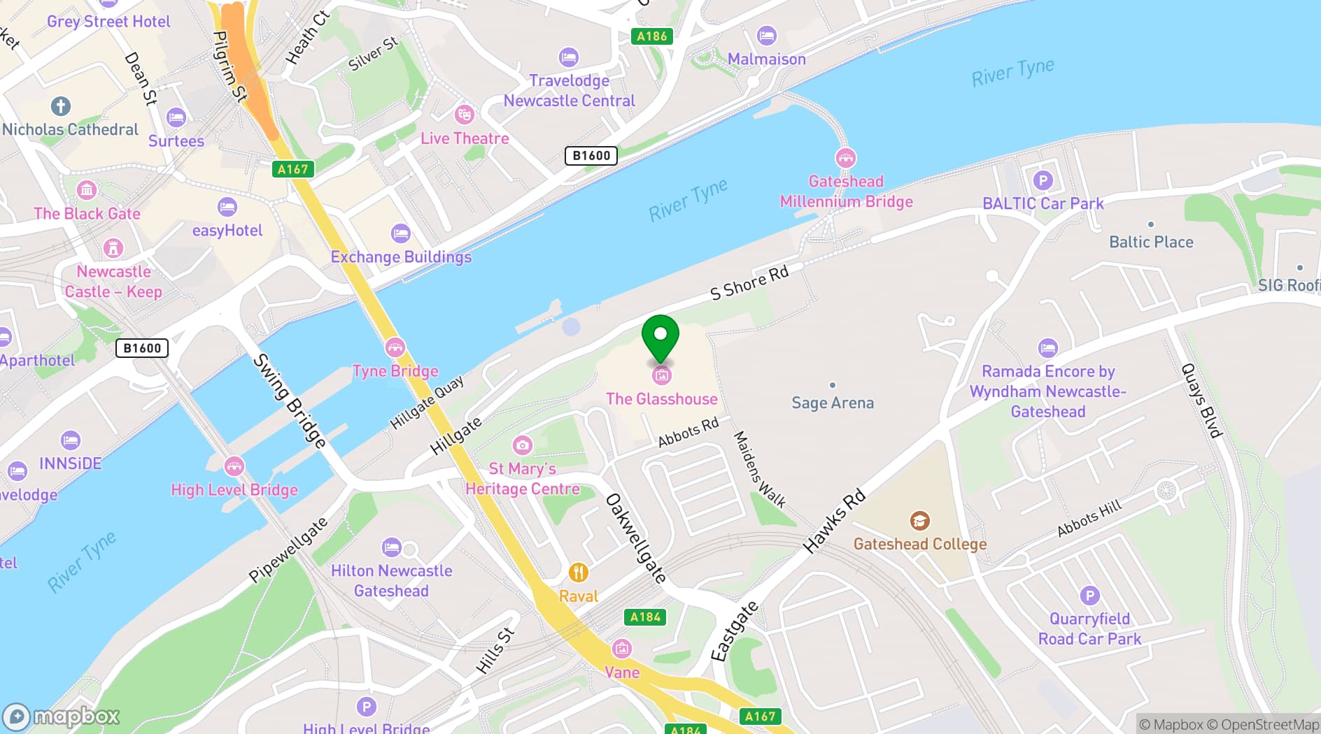 Map showing The Glasshouse International Centre for Music