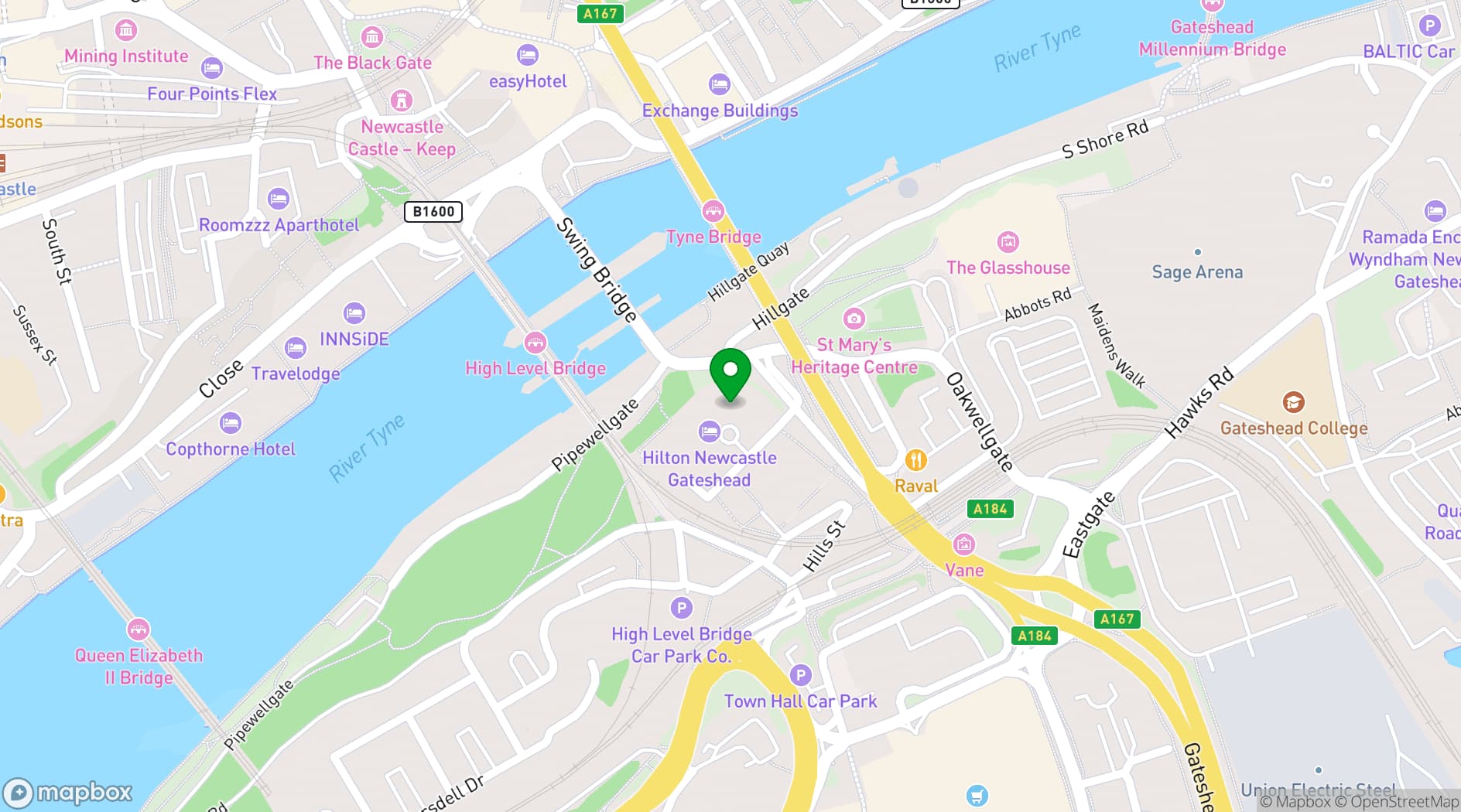 Map showing Hilton Newcastle Gateshead