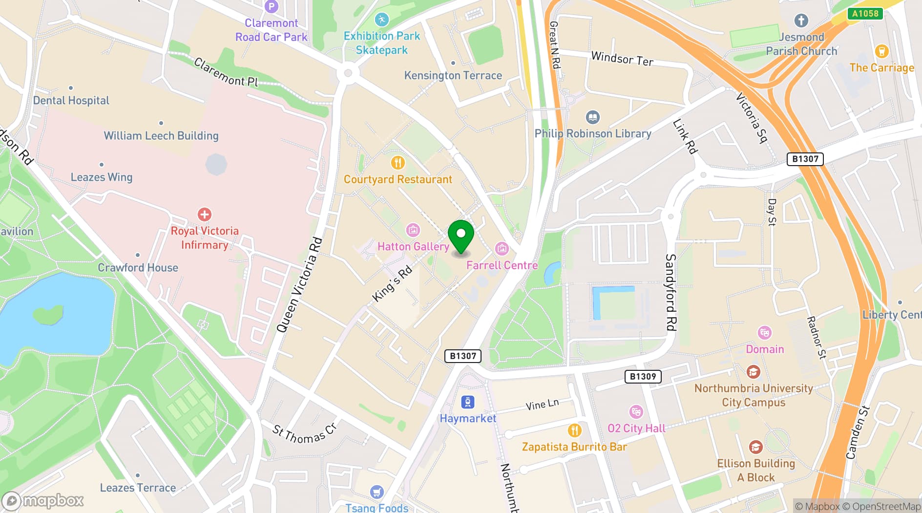 Map showing Northern Stage Newcastle