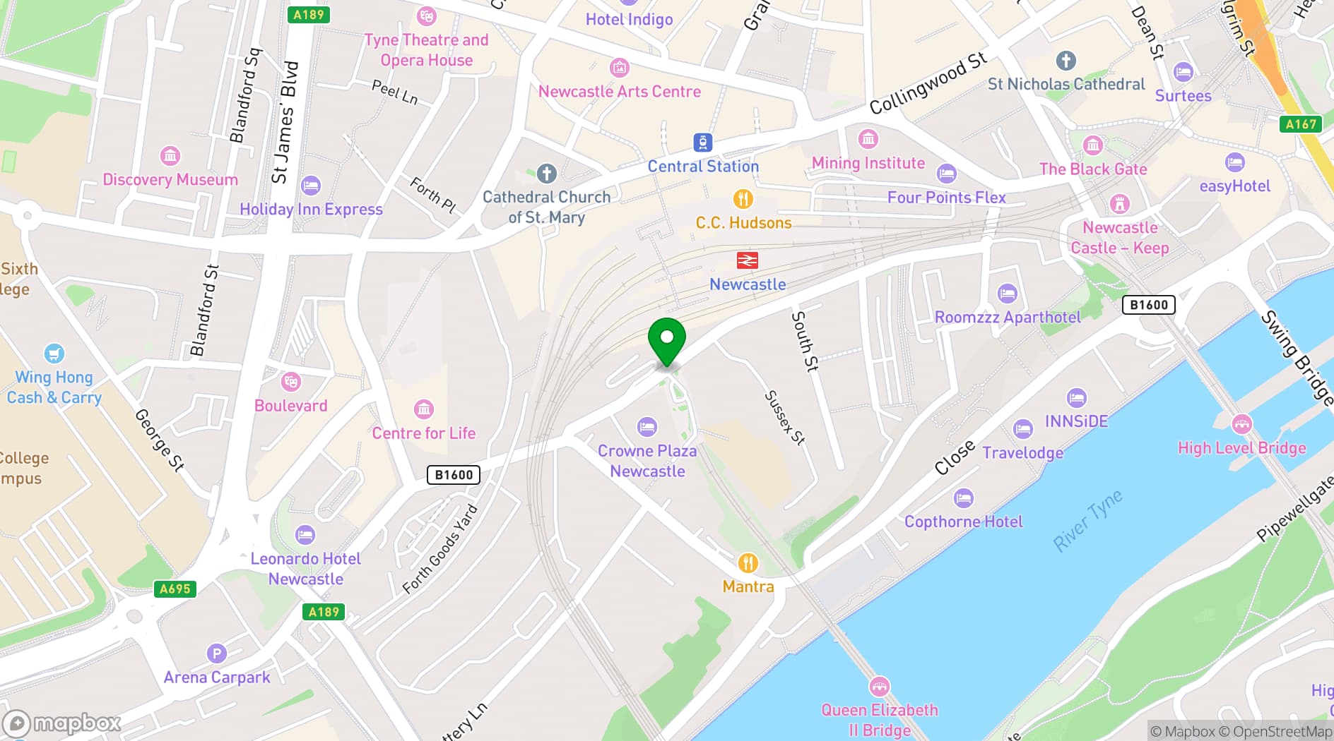 Map showing Crown Plaza Newcastle