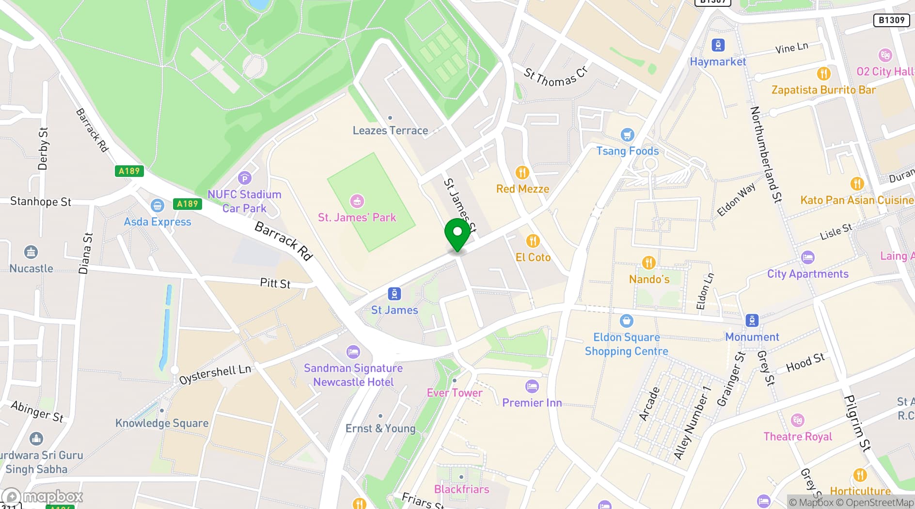 Map showing St. James Park Newcastle