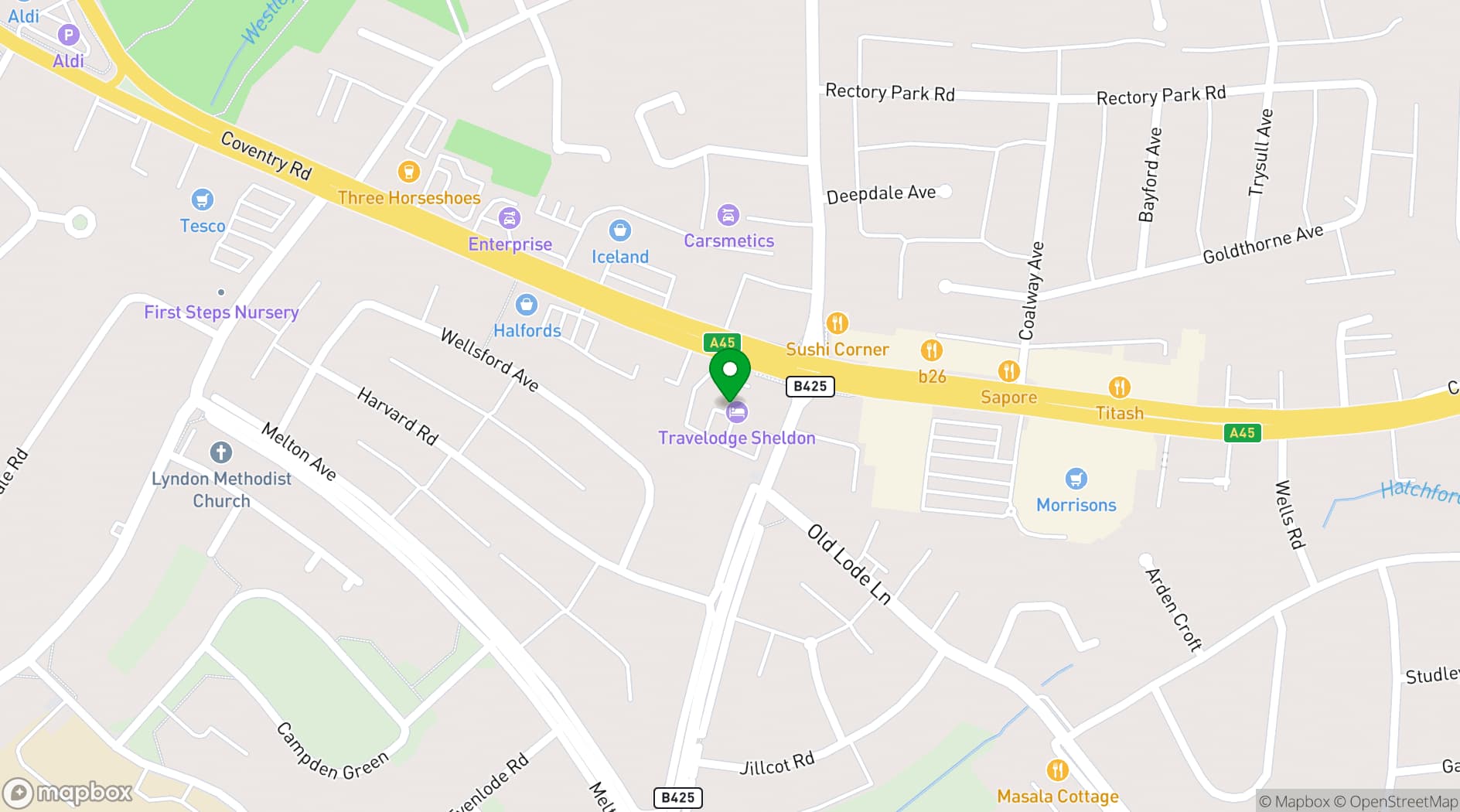 Map showing Travelodge Birmingham Sheldon