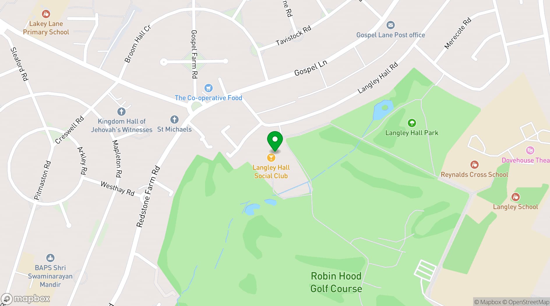 Map showing Langley Hall Social Club