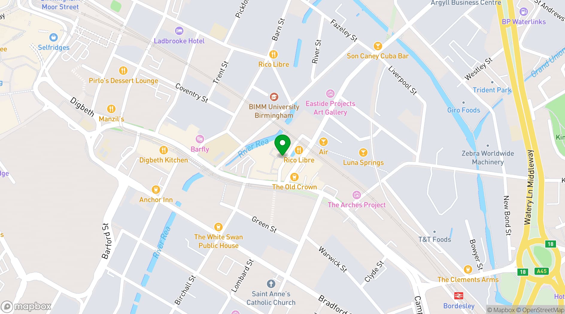 Map showing The Mockingbird Cinema and Sobremesa Bar