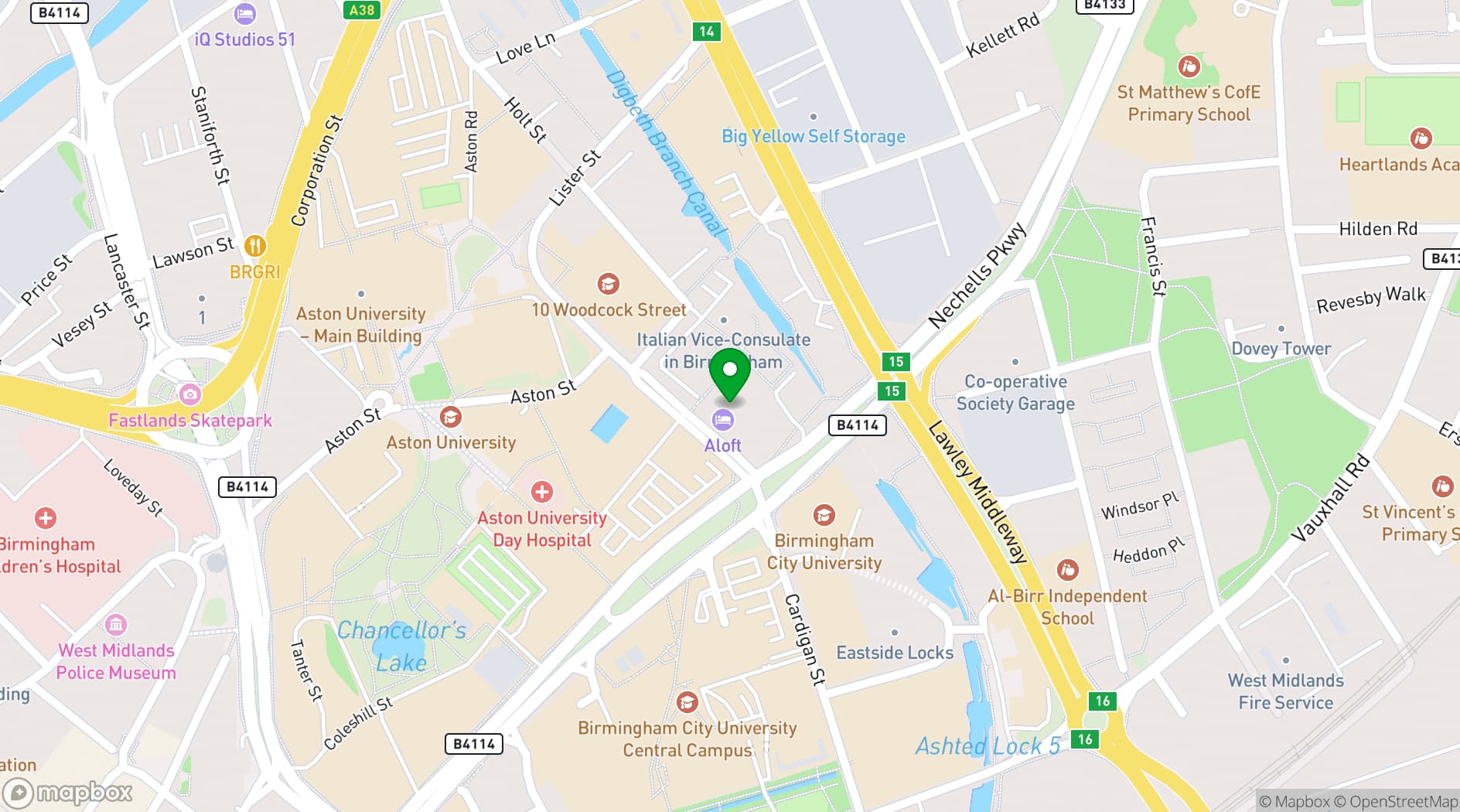 Map showing Aloft Birmingham Eastside