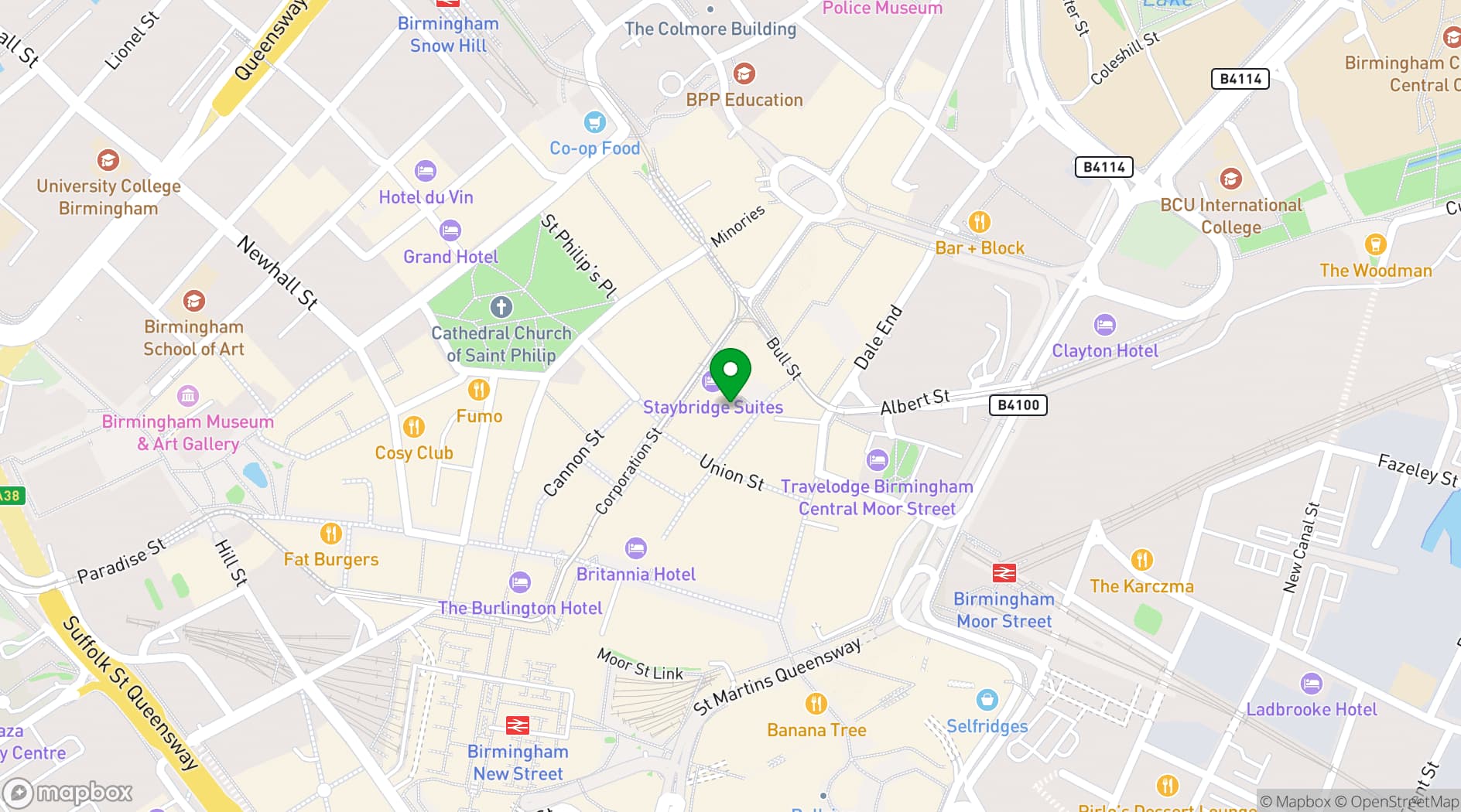 Map showing Staybridge Suites Birmingham