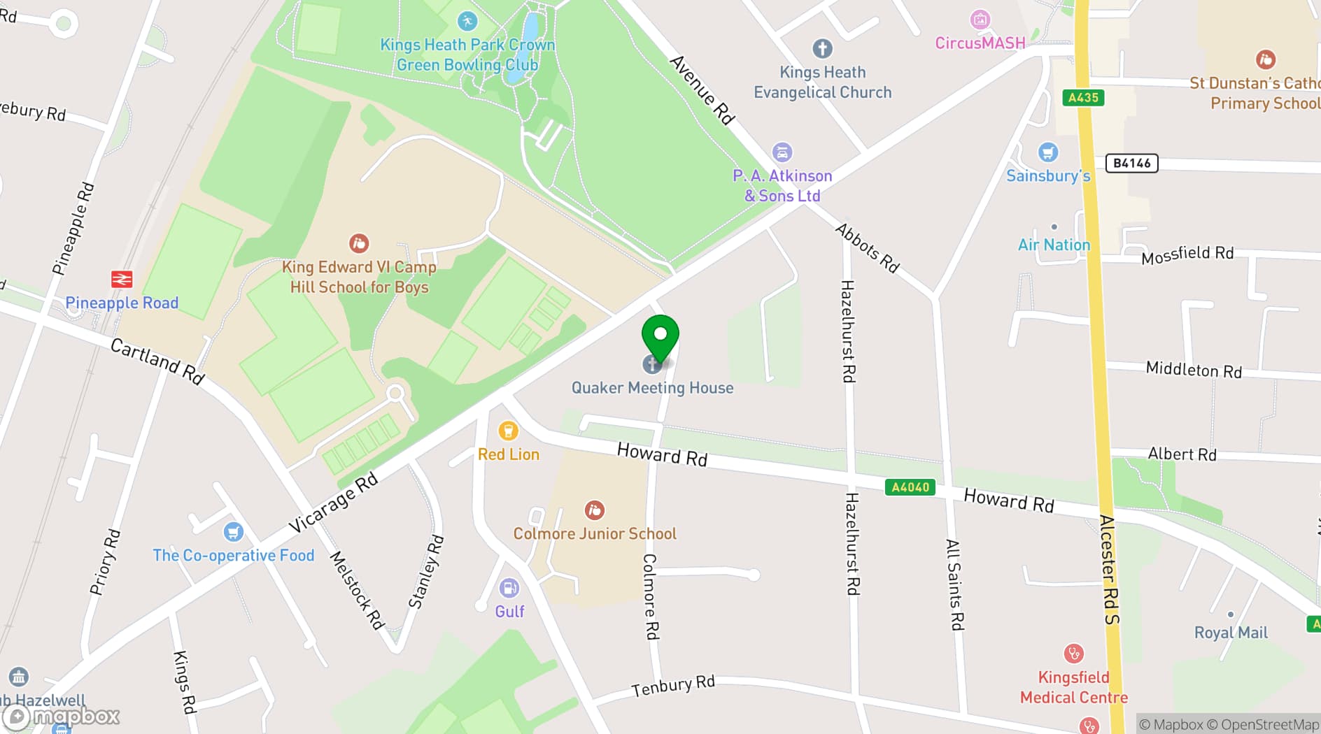 Map showing Kings Heath Quaker Meeting House