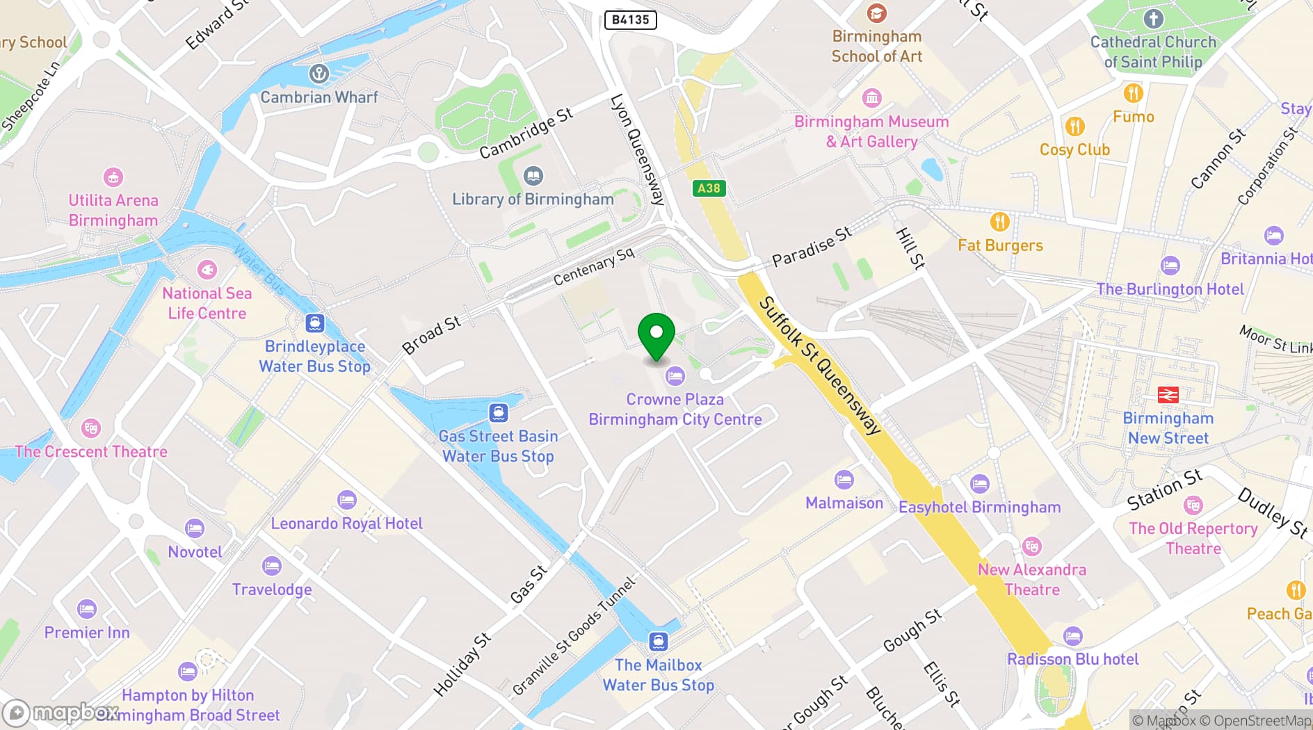 Map showing Crowne Plaza Birmingham City Centre