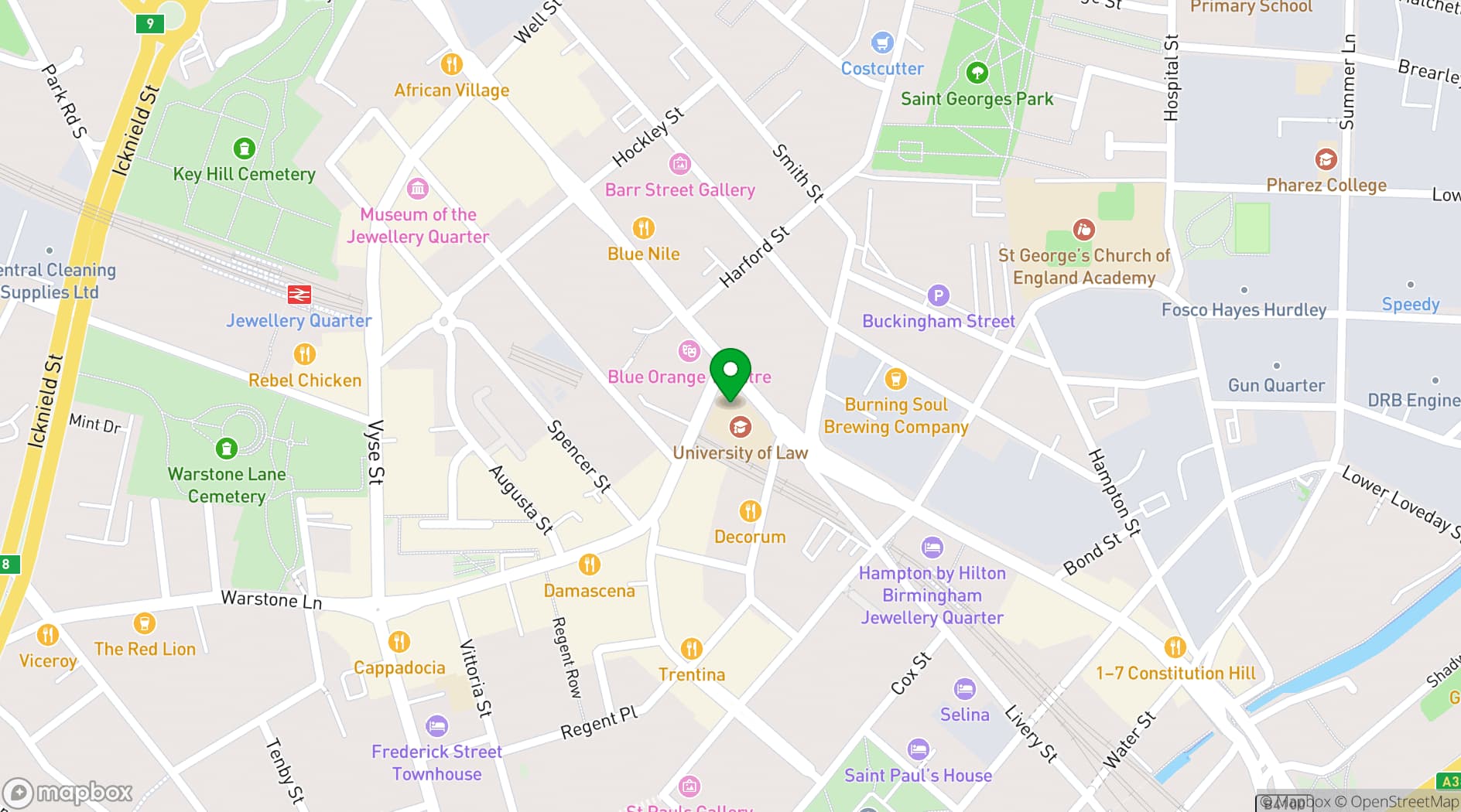 Map showing University of Law Birmingham