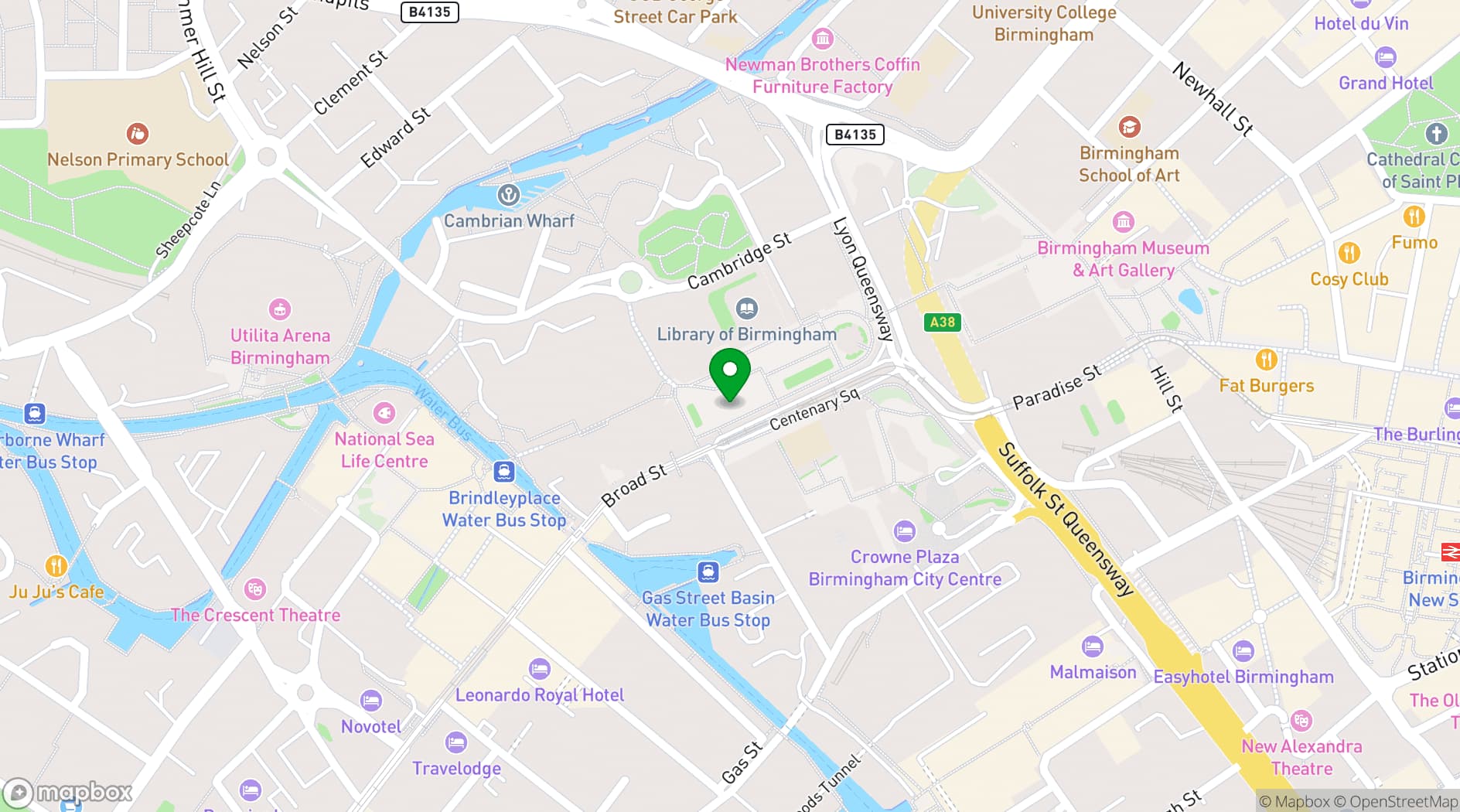 Map showing Unique Venues Birmingham (The Birmingham REP & The Library of Birmingham)