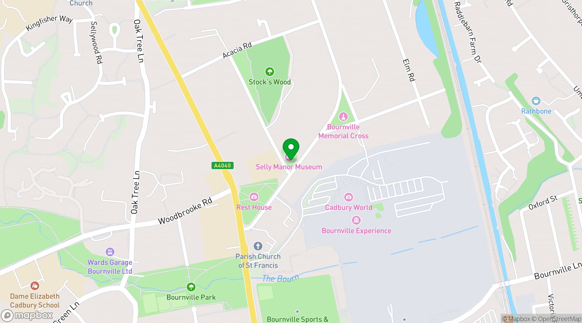 Map showing Selly Manor Museum