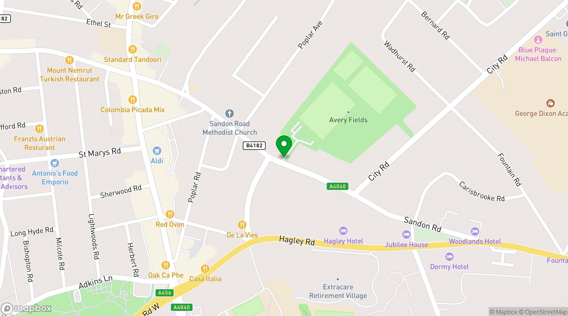 Map showing Avery Fields Sports and Events