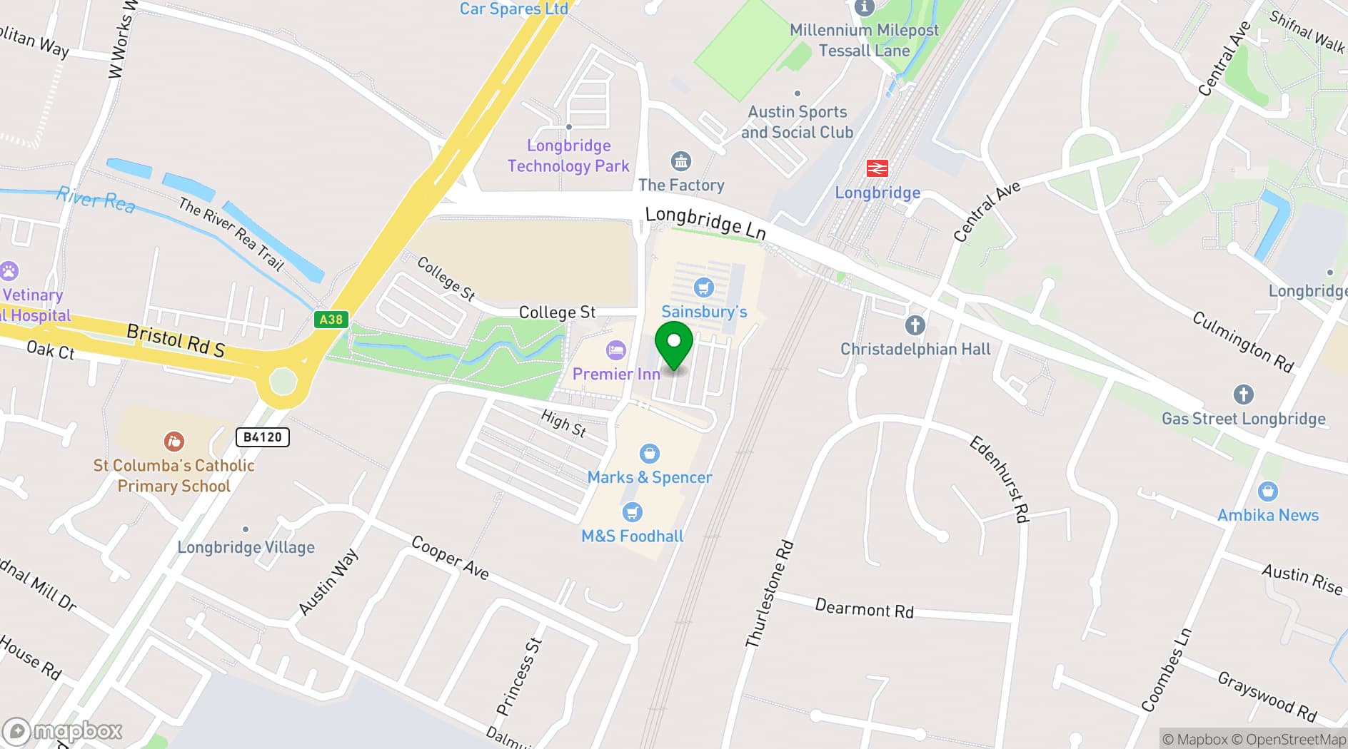 Map showing Premier Inn Birmingham South (Longbridge Station)