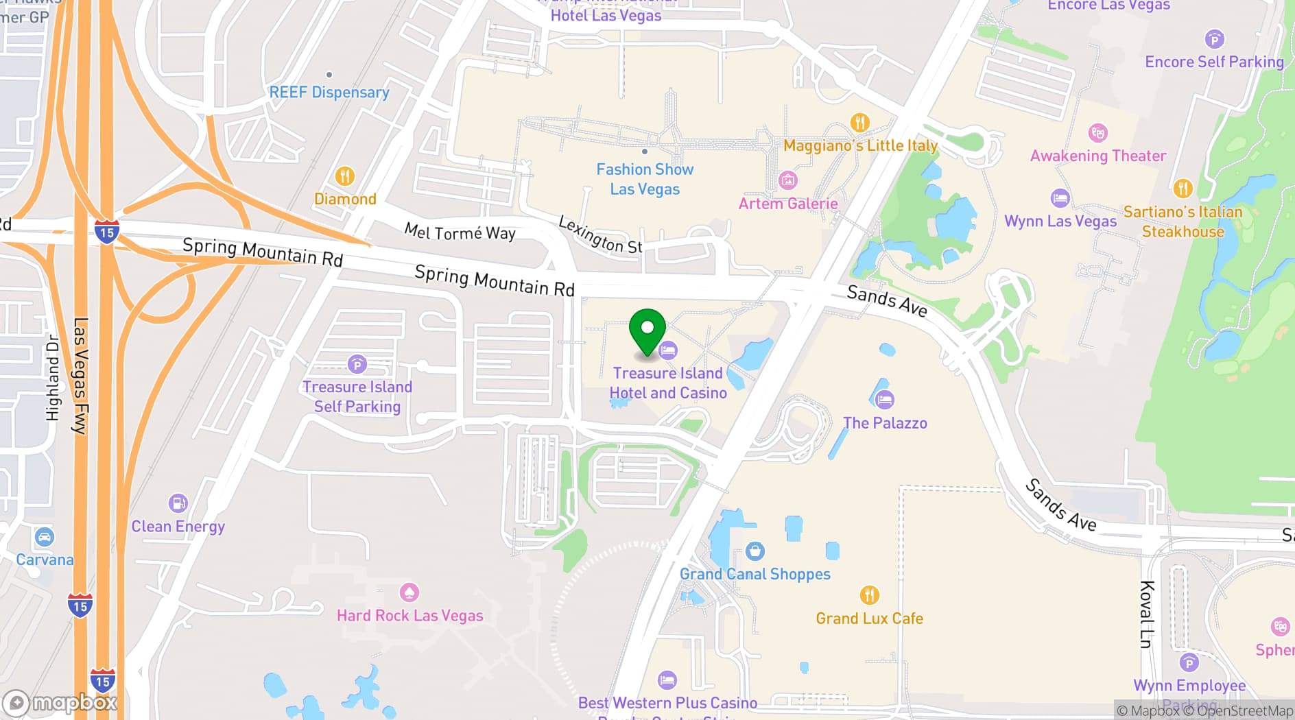 Map showing Treasure Island – TI Hotel & Casino