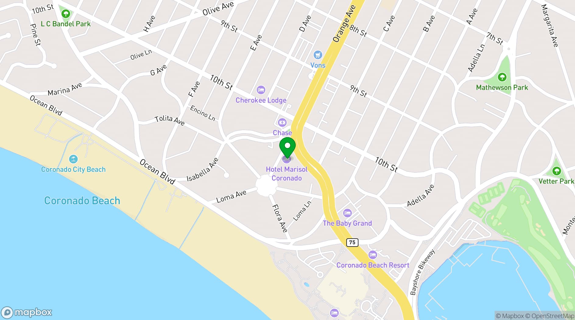 Map showing Hotel Marisol Coronado