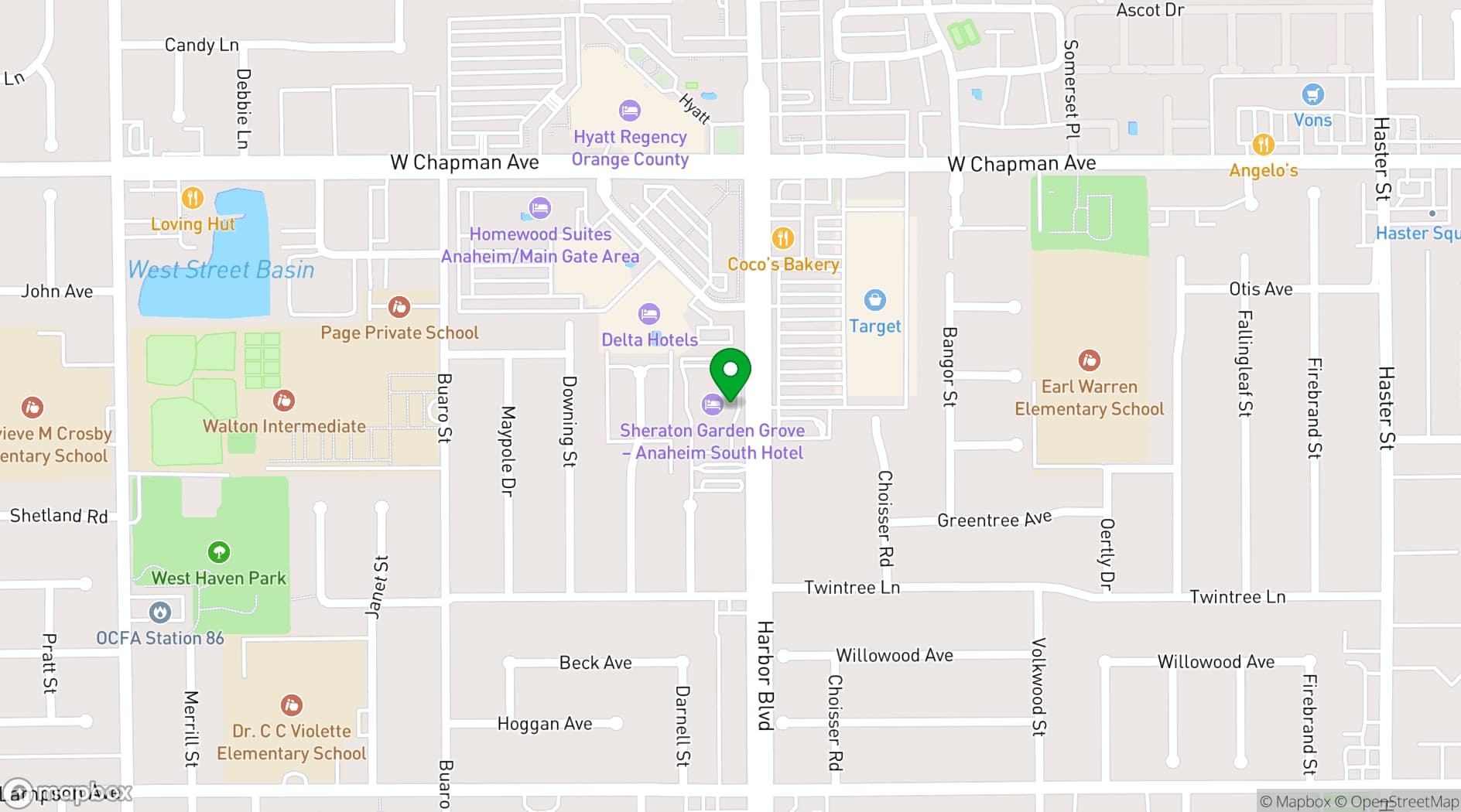 Map showing Sheraton Garden Grove - Anaheim South Hotel