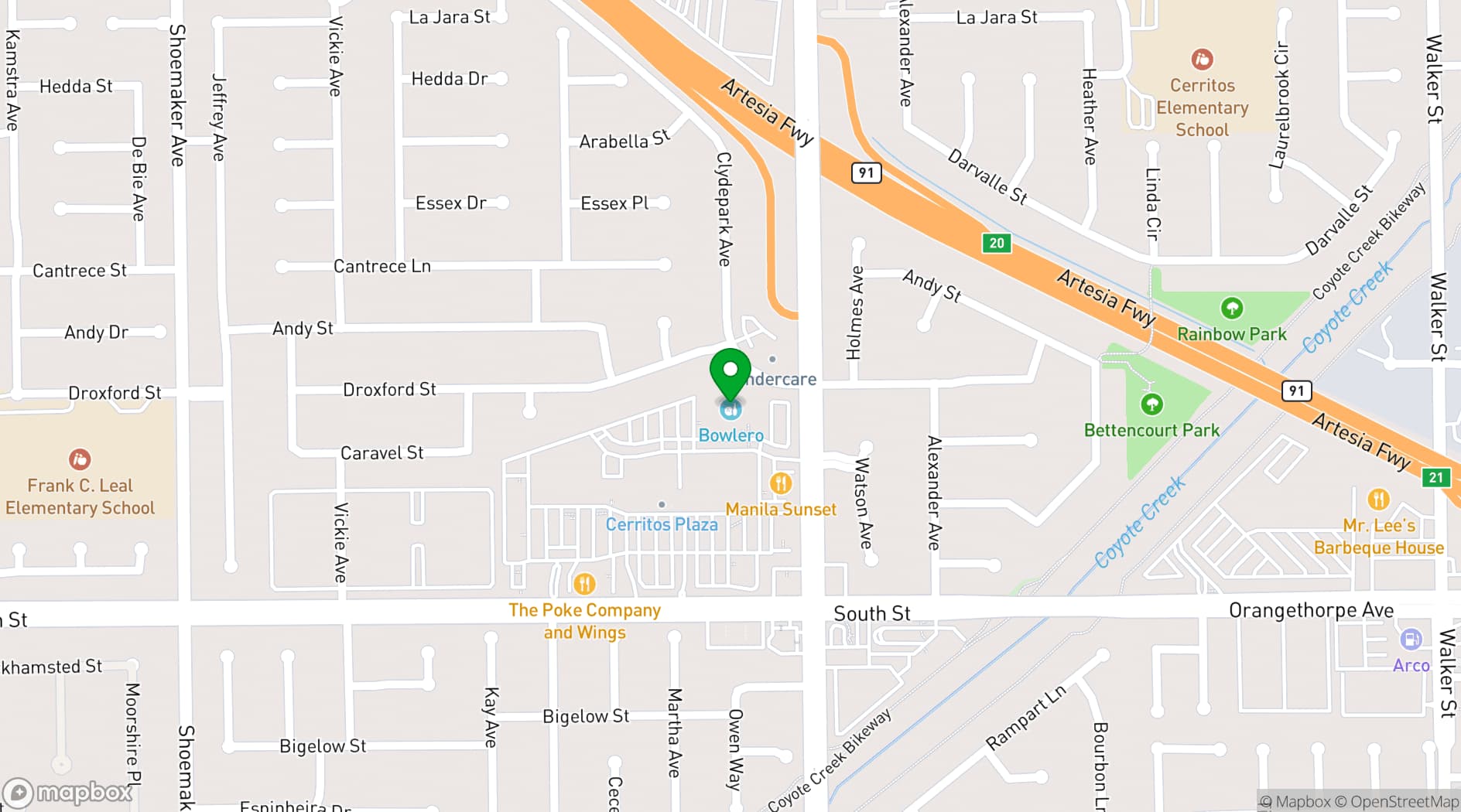 Map showing Bowlero Cerritos