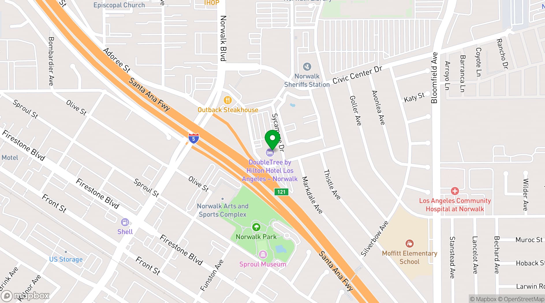 Map showing DoubleTree by Hilton Hotel Los Angeles - Norwalk