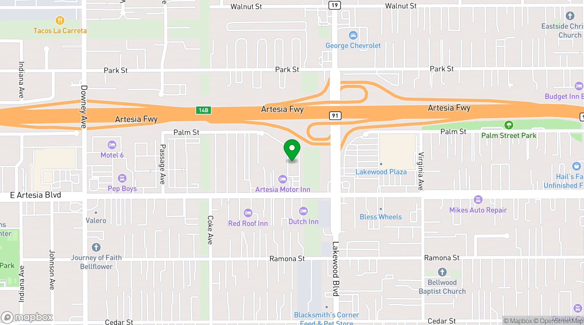 Map showing WoodSpring Suites Bellflower - Los Angeles