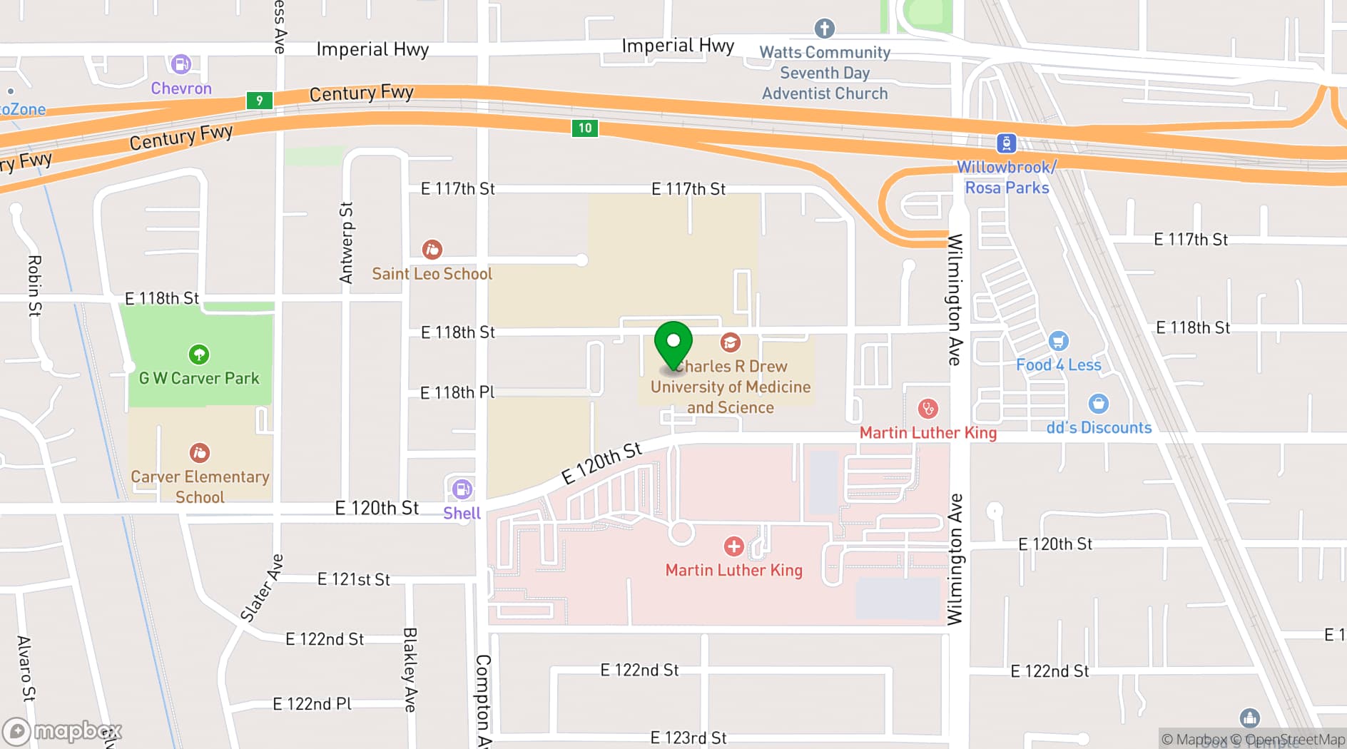 Map showing Charles R. Drew University of Medicine and Science